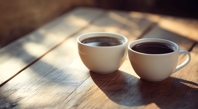 Two white ceramic cups filled with dark coffee are placed on a rustic wooden table, illuminated by soft natural light, creating a warm and inviting atmosphere