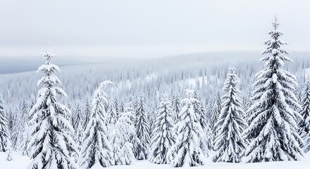 Snow covered evergreen trees in a winter forest landscape with grey sky
