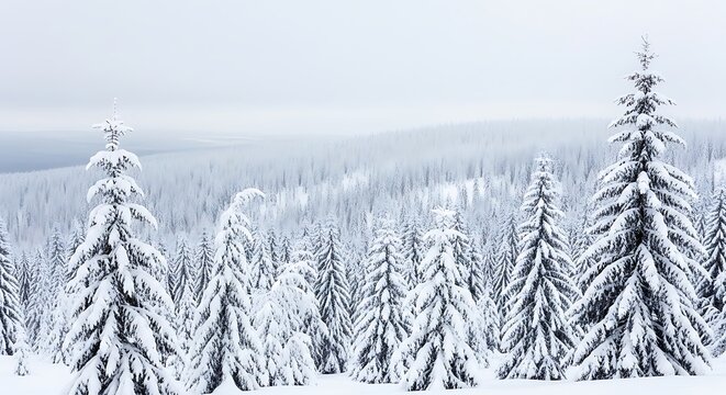 Snow covered evergreen trees in a winter forest landscape with grey sky