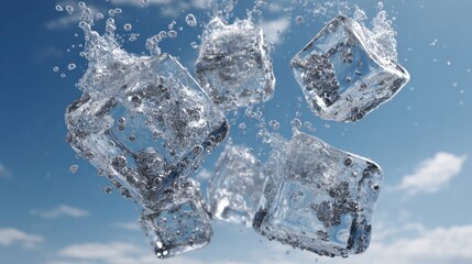 Ice cubes fall and splash in water creating a refreshing scene against a clear sky.