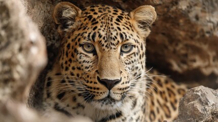 Naklejka premium Leopard rests quietly among rocks blending with the natural environment while observing its surroundings.