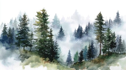Lush green evergreens stand tall in a misty forest enveloped in soft ethereal fog creating tranquility.