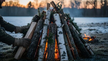 Hands in gloves making final preparations for a large New Year bonfire celebration in a frosty field at sunset