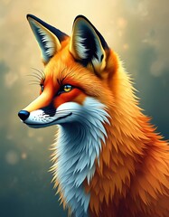 Obraz premium Digital illustration of fox head with orange fur. Wild animal art created with generative AI. Fox portrait is colorful and decorative. Perfect for wallpaper, poster or cover use in wildlife projects.