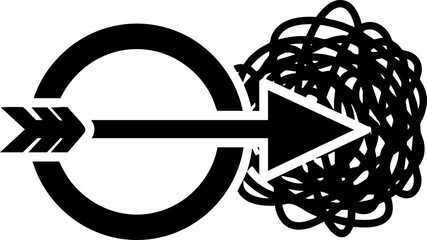 Arrow hitting chaotic target symbolizing focus and problem solving in black vector design