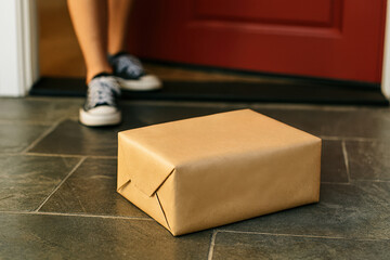 Package delivery at the front door with a person in the background