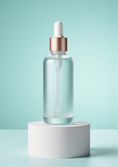 Clear glass dropper bottle with rose gold lid on a pastel background  