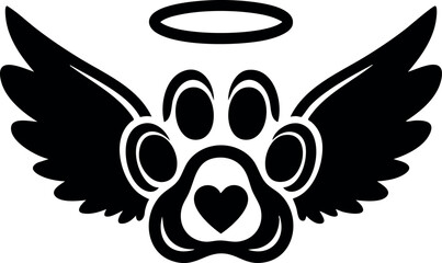 Paw print with wings and halo black silhouette pet symbol design vector illustration