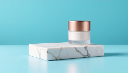 Skincare cream jar on marble platform with blue background  