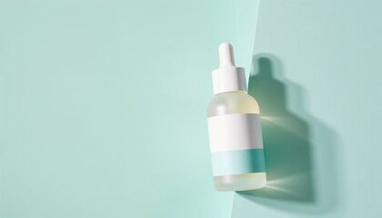Clear serum bottle on mint green background with soft shadows  
