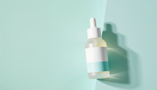 Clear serum bottle on mint green background with soft shadows  