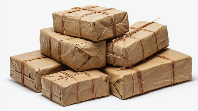 A stack of brown paper packages tied with string isolated on white background, suggesting gifts, shipping, or vintage items