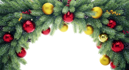 Arch shaped christmas garland with ornaments and snow detail isolated on transparent background