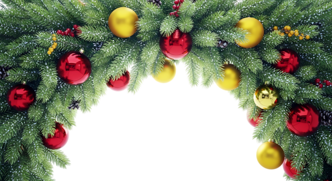 Arch shaped christmas garland with ornaments and snow detail isolated on transparent background