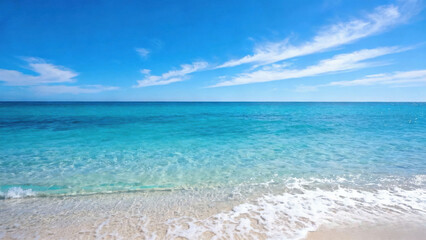 Beautiful turquoise ocean water with white sand beach under a bright blue sky