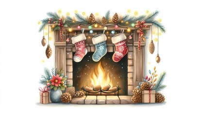 Cozy christmas fireplace scene with stockings and gifts watercolor painting christmas decoration holiday season art