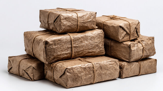Pile of brown paper packages tied with string isolated on white background, suggesting shipping, gifts, or rustic presentation