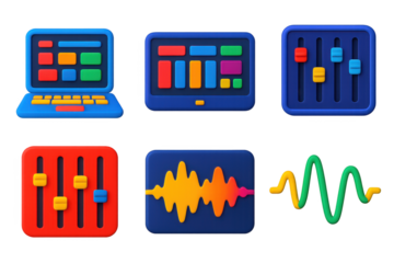 3D Editing Tools. 3D icon set of editing tools: computers, tablets, DAW screens, mixing software, sliders, audio waveforms. A set