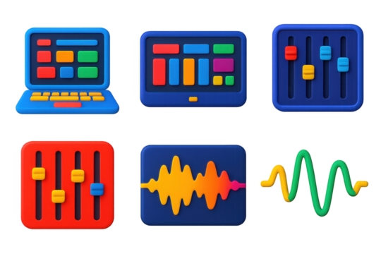 3D Editing Tools. 3D icon set of editing tools: computers, tablets, DAW screens, mixing software, sliders, audio waveforms. A set