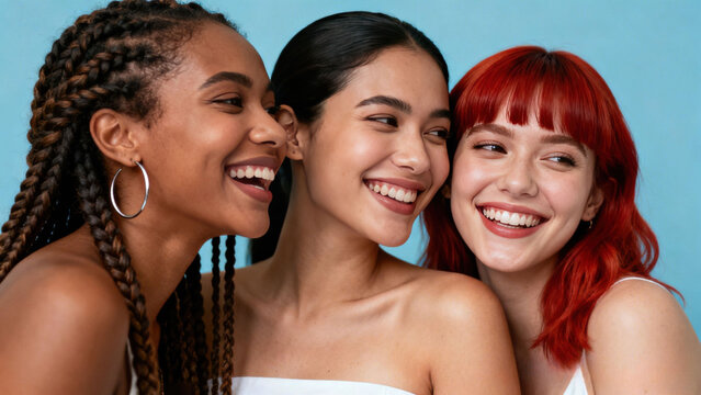 Diverse group of smiling women with radiant skin and various hairstyles