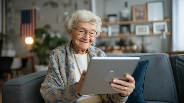 Elderly veteran participating in a telemedicine session from cozy home office, tablet propped up beside framed family photos and American flag &mdash; concept of digital healthcare inclusion, aging with