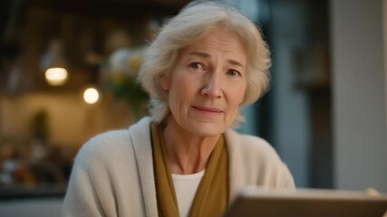 Elderly woman speaking emotionally during a video memorial meeting displayed on a tablet, symbolizing digital mourning, intergenerational connection, and technology bridging distance in times of - Powered by Adobe