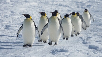 Fototapeta premium A line of emperor penguins makes their way across the cold snowy terrain in Antarctica during daytime.