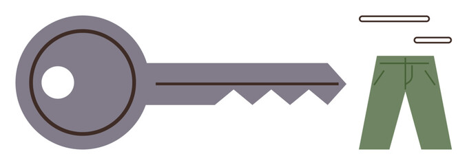 Gray key next to green pants, combining metaphorical security, privacy, accessibility, and physical objects. Ideal for safety concepts, access rights, data protection, minimalism functionality