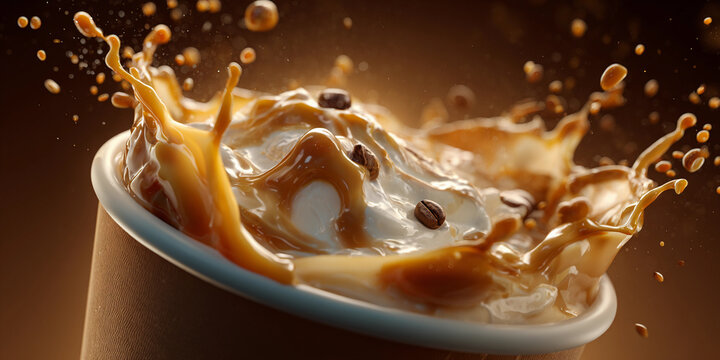 A captivating closeup of a coffee cup with a dynamic splash, showcasing the rich, creamy texture and inviting aroma of the beverage