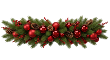 Decorative Christmas garland with red ornaments and pinecones isolated on transparent background