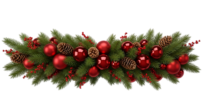 Decorative Christmas garland with red ornaments and pinecones isolated on transparent background