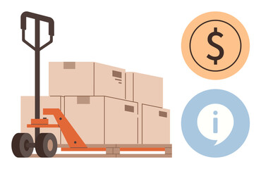Pallet jack moving stacked boxes on a wooden pallet, dollar sign and information icons. Ideal for logistics, trade, shipping, storage, supply chain, business operations, simple flat metaphor