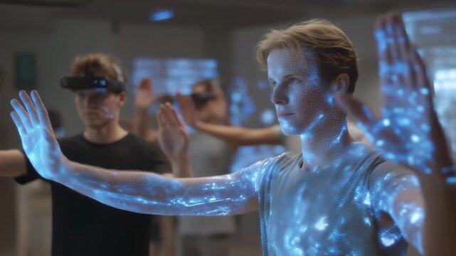 Gamified marketing strategy session with teams interacting using digital avatars and holographic KPIs displayed in immersive 3D space, representing innovative campaign gamification, team