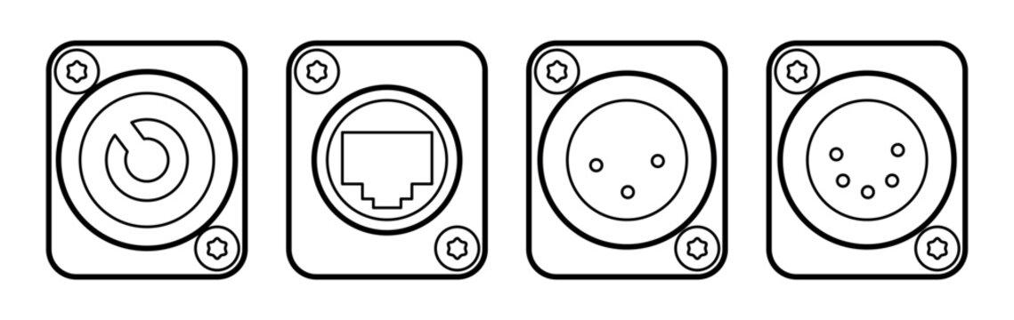 Minimalist linear icons of four stage connectors: PowerCON-style power socket, RJ45 Ethernet port, 3-pin XLR audio connector, and 5-pin XLR DMX connector. Clean black outline