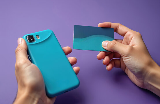 Hands hold phone and credit card. Contactless payment concept for secure shopping. Finance tech is available. Modern mobile tech and instant transaction make life easy.