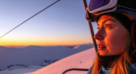 Woman with a contemplative mood riding a ski lift at sunset, gazing at the snowy mountains