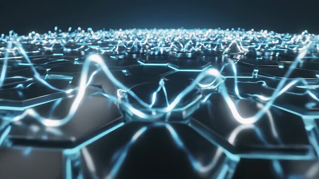 Hexagonal shapes with blue lights on a table, conveying technological innovation and data visualization in a futuristic ambiance, perfect for marketing campaigns focused on technology.