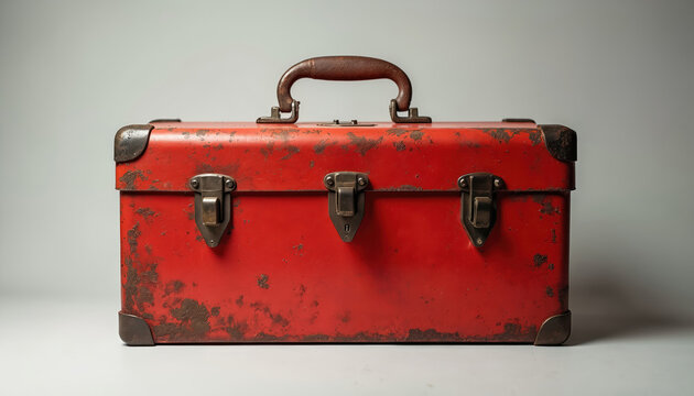 Old red metal toolbox sits closed in studio. Vintage equipment shows heavy rust, worn paint on surface. Features sturdy handle, strong clasps. Industrial storage box represents work, repair.