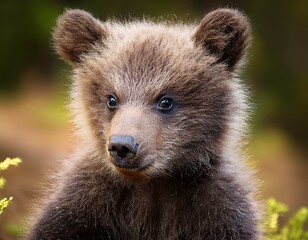 Adorable Brown Bear Cub Portrait: A Close-Up of a Young, Furry Grizzly in its Natural Habitat.
