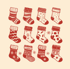 Christmas stockings doodle illustrations set.