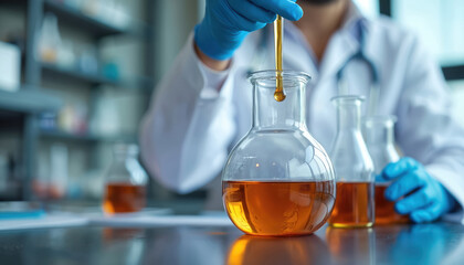 Scientist in blue gloves drops amber liquid into glass flask. Lab worker performs chemical test. Oil, fuel, medicine quality analysis happens for research, development. Tech inspects fluid sample in