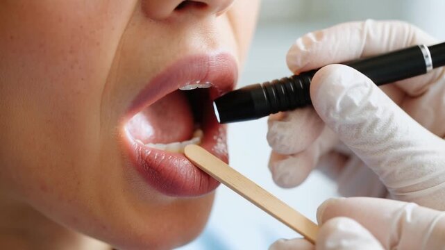close-up of a medical examination with wooden tongue depressor, patient opening mouth for throat check in clinic