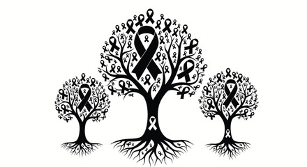 World AIDS Day Awareness Tree Black & White Vector Illustration Set