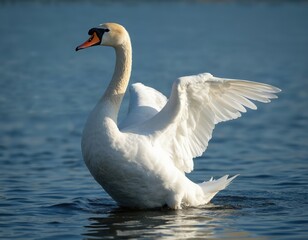 Naklejka premium Beautiful white swan with orange beak stretches its large white wings in clear blue water. Elegant bird enjoys calm sunny day on lake. Majestic wildfowl shows its beauty, symbol of grace and purity.