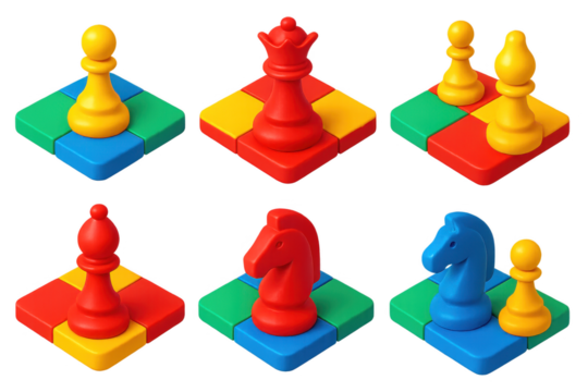 Chess Opening Icons. 3D icon set of chess openings: king’s pawn opening, queen’s gambit, sicilian defense, french defense, london