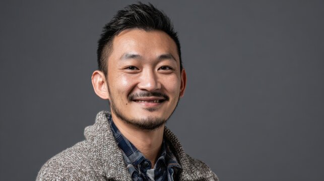 A happy man shows off a warm smile while wearing a stylish grey sweater. He appears confident.