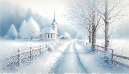 Winter wonderland scene church covered in snow landscape scenic view peaceful serene nature background art