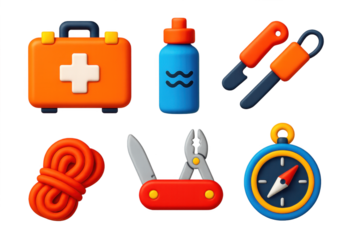 Survival Gear Icons. 3D icon set of survival gear: emergency kits, water purifiers, fire starters, ropes, multi-tools, compasses.