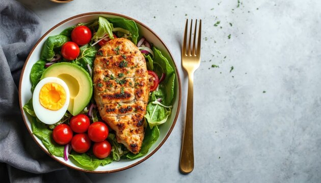 Grilled chicken breast served with fresh greens avocado cherry tomatoes and boiled egg. This nutritious meal is perfect for healthy diet and balanced eating.