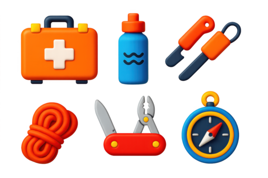 Survival Gear Icons. 3D icon set of survival gear: emergency kits, water purifiers, fire starters, ropes, multi-tools, compasses.